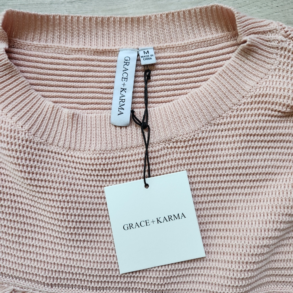 Grace + Karma Pink Fringe Sweater Womens Medium Long Sleeve Knit Nwt - Picture 4 of 9